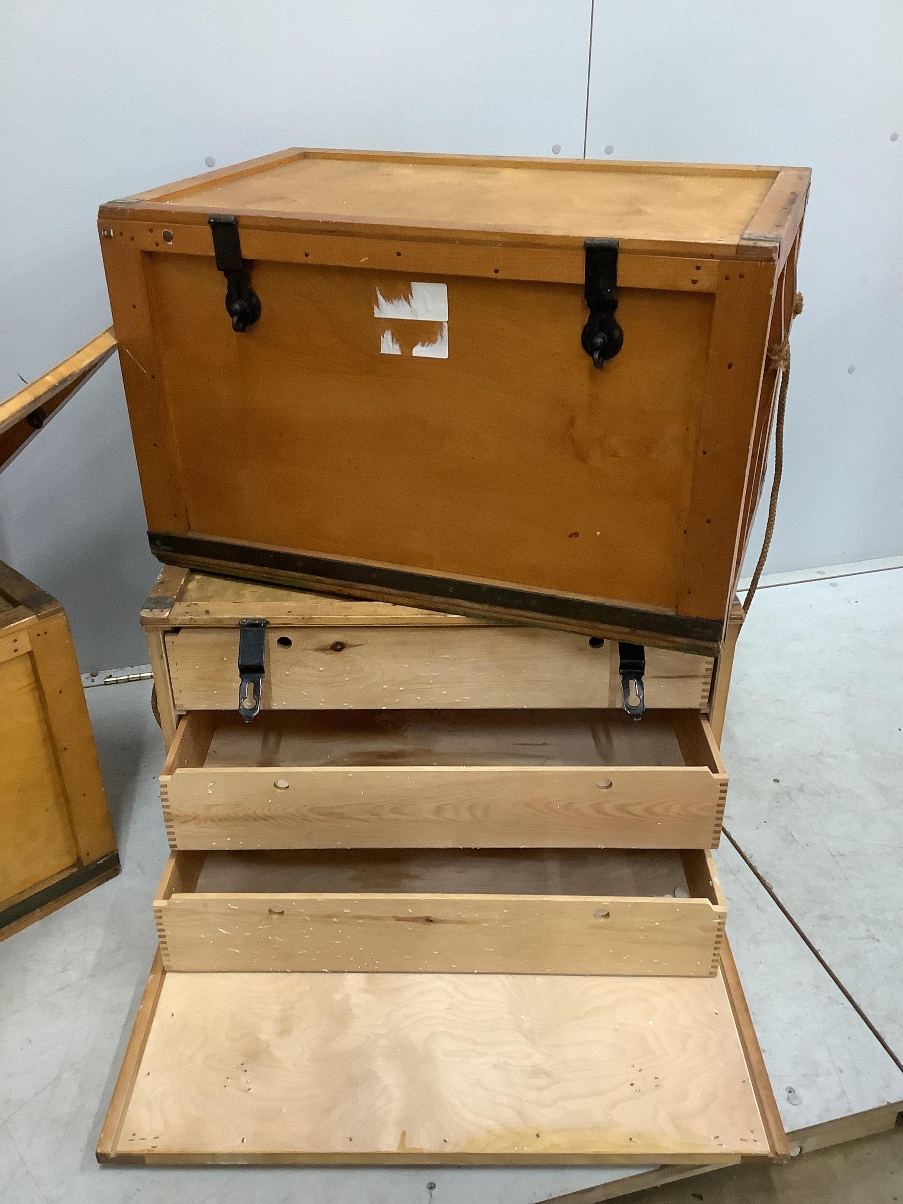Four vintage Venesta storage boxes, width 76cm, depth 50cm, height 46cm., Provenance - Harrison Zoological Museum, Bowerwood House in Sevenoaks., Condition - fair
